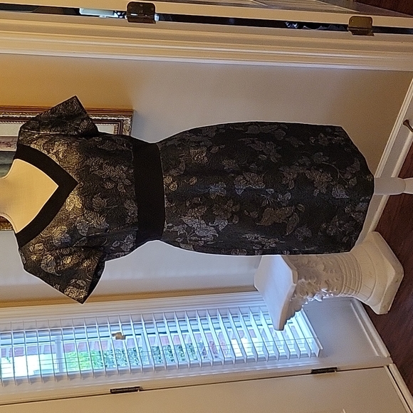 Dresses & Skirts - Black & Pewter metallic silver floral short sleeve vneck dress empire sz 14 EUC…